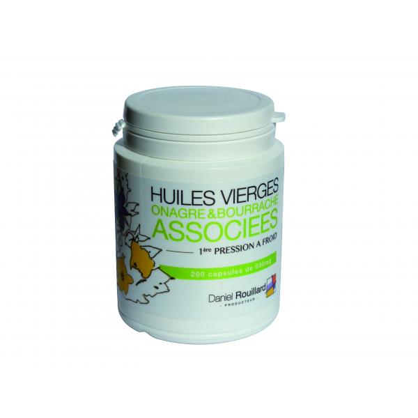 Huile vierge Onagre et Bourrache associées flacon de 200 capsules de 500mg